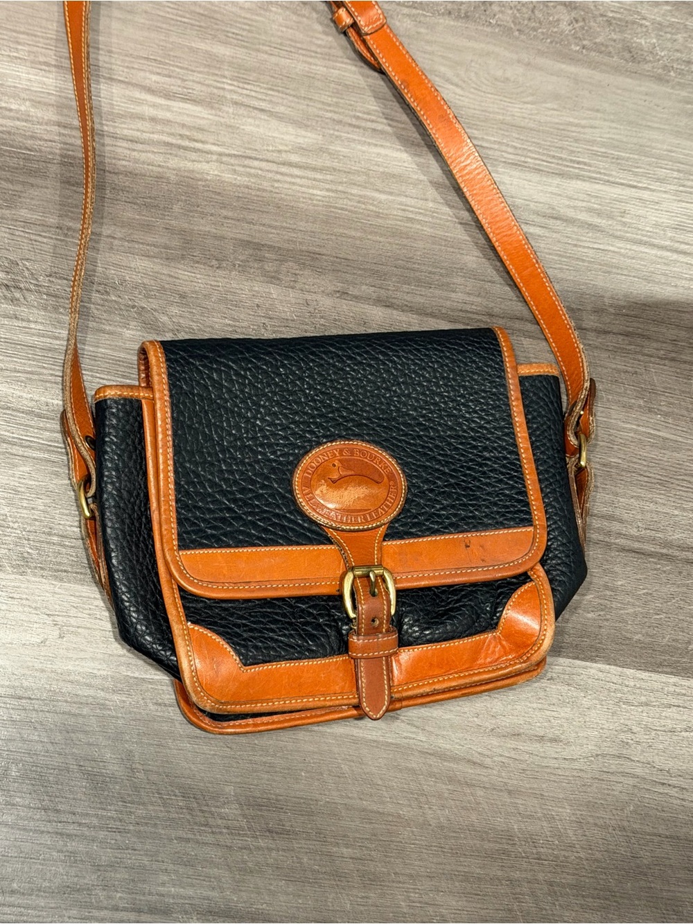 Vintage Dooney & Bourke All Weather Leather AWL Black & British Tan Crossbody